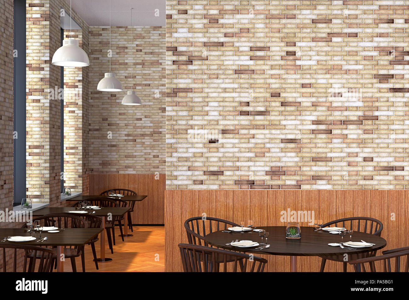Modern restaurant interior with served tables mock up. 3d illustration ...