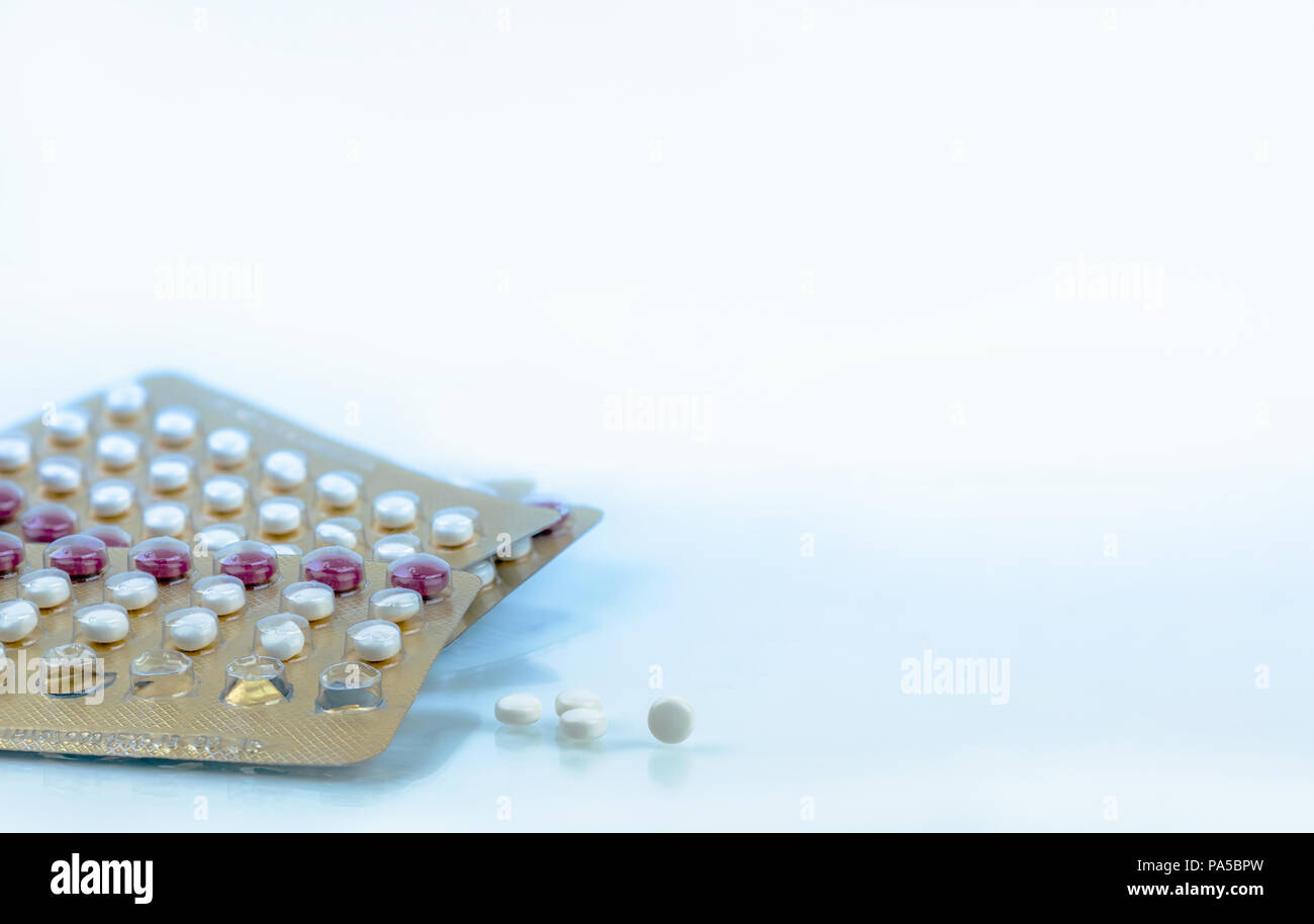 Oral contraceptive pills. Birth control pills. Hormones for contraception. Family planning, hormonal acne, gynecologist concept. Ovulate on birth cont Stock Photo