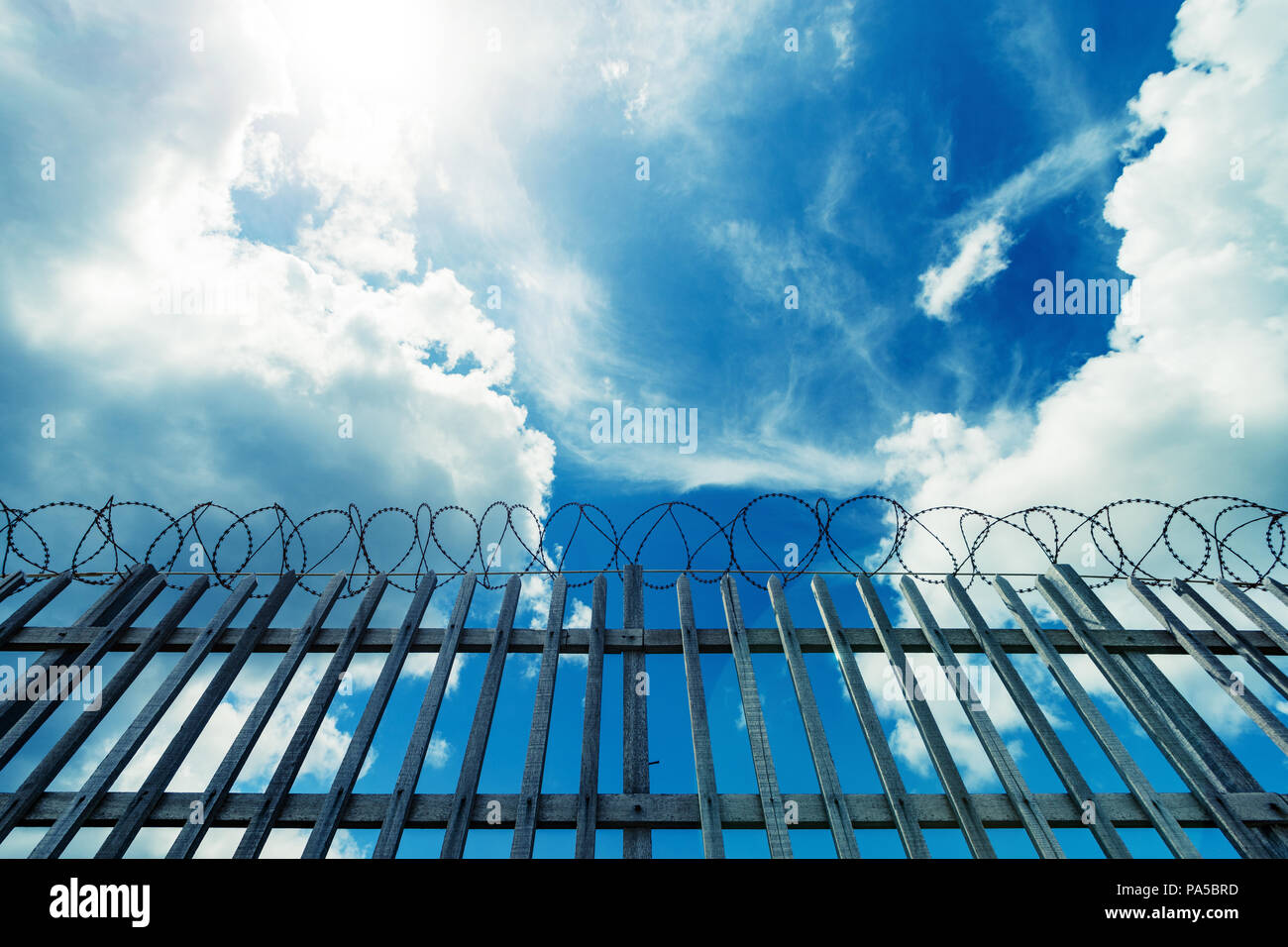 Barbed wire fence surrounding a prison , military or other high security complex. Stock Photo