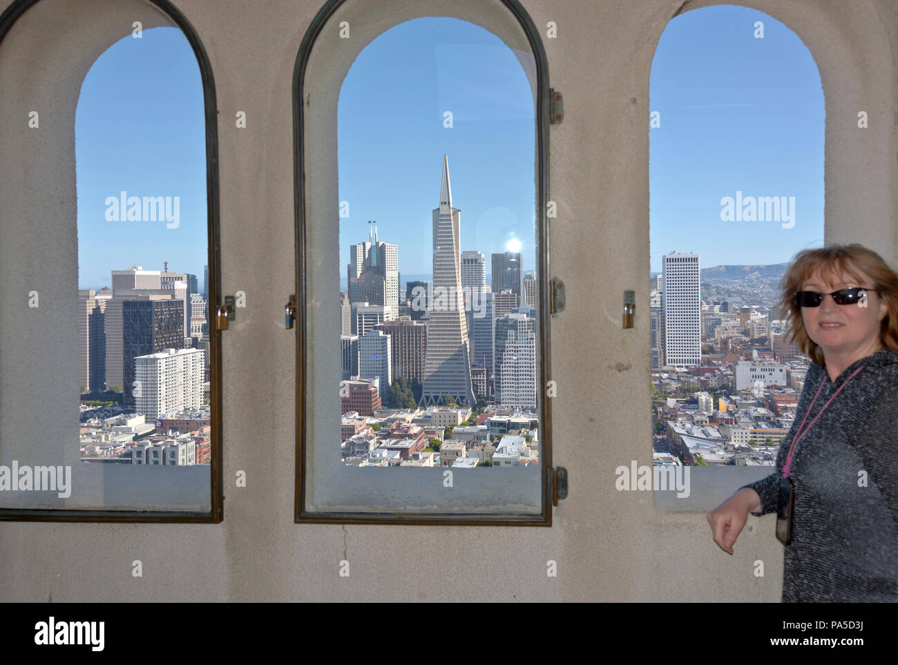 San Francisco skyline from the coit tower's windows. Stock Photo