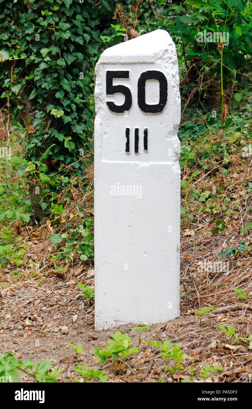 A reinstalled M&GN former railway pre-cast concrete mile post at the site of the former station at Hellesdon, Norfolk, England, UK, Europe. Stock Photo