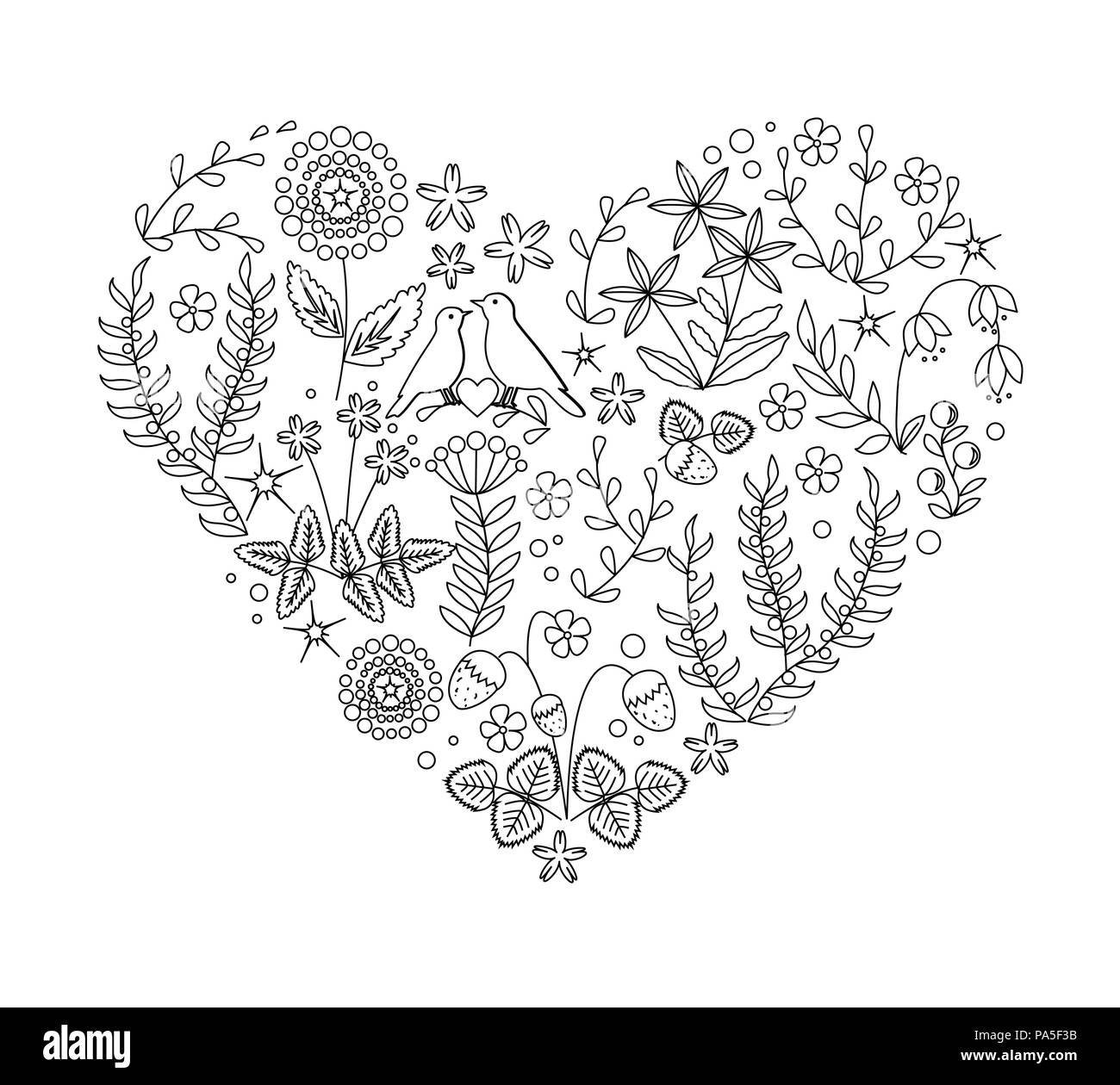 Uncolored floral heart with plants and bird nest. Hand-drawn doodle vector for your design, wedding cards, coloring book Stock Vector