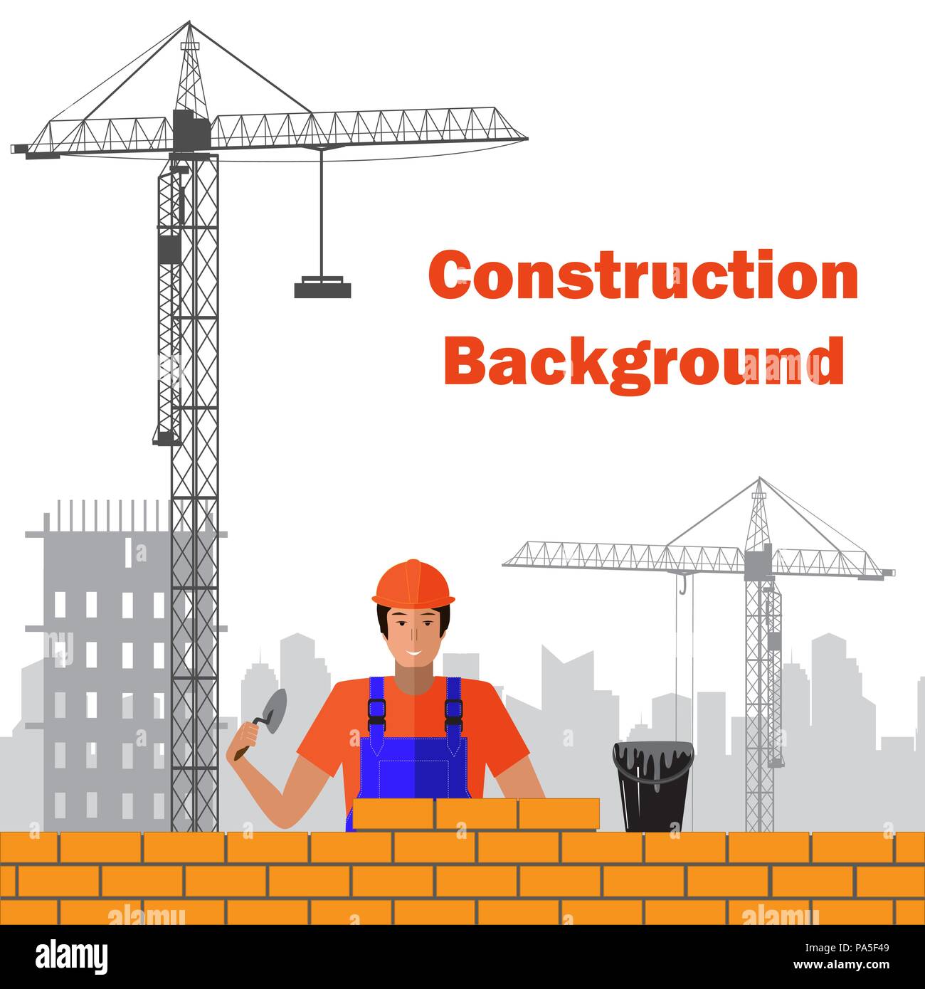 Builder builds brick wall of house. Worker or masonry, work with trowel, man in helmet. Vector illustration Stock Vector