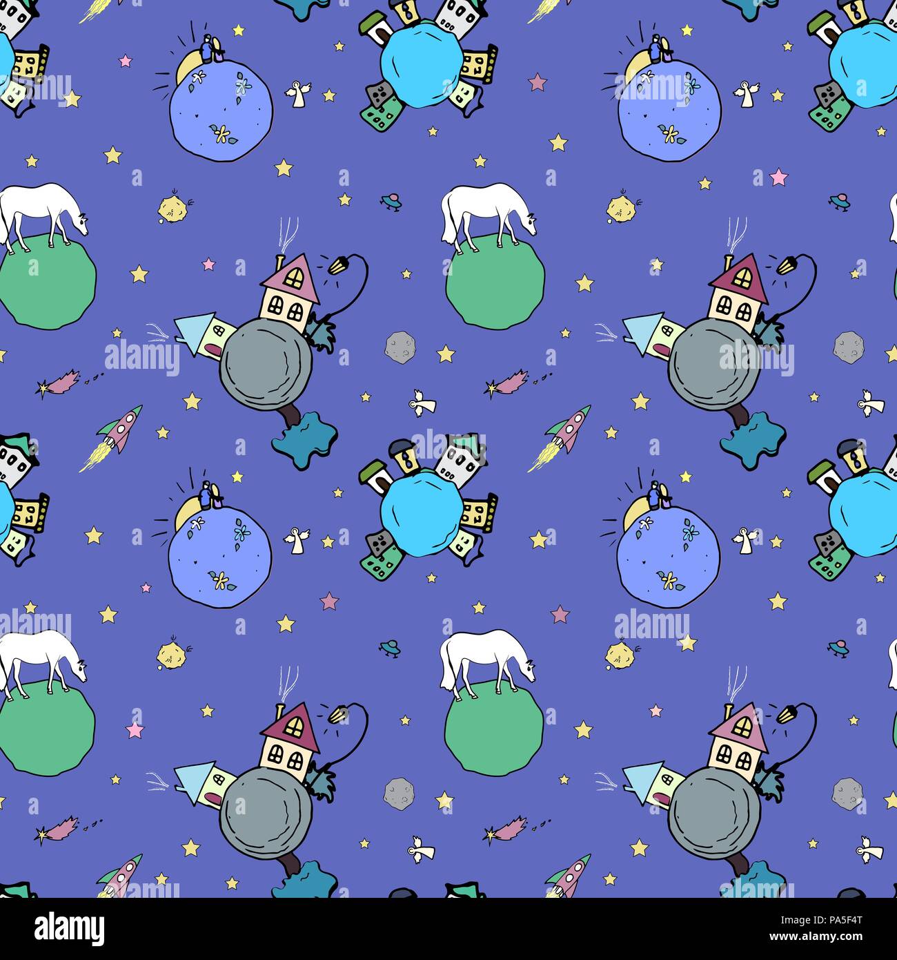 Cozy cosmic background with cute planets. kids seamless pattern Stock Vector