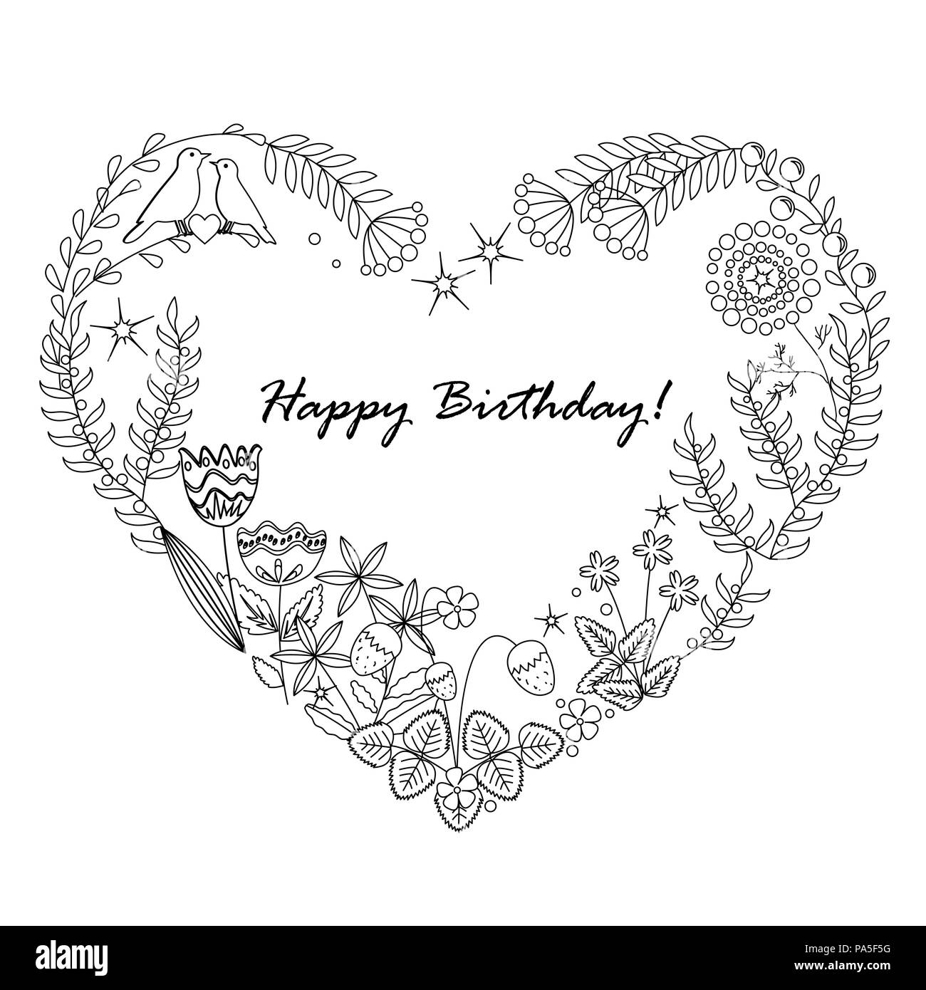 Cute floral background with a Heart Frame. Happy Birthday card Stock Vector