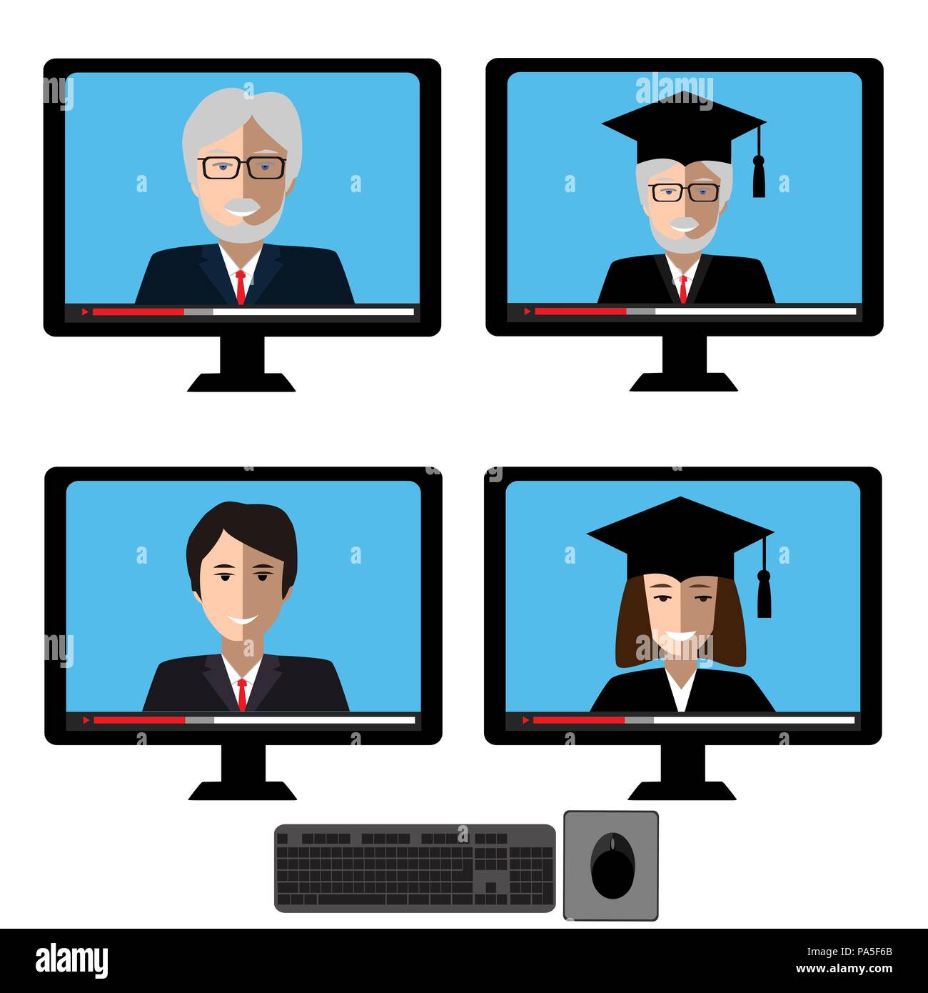 Vector set with teachers male and female fases in computer screen. Design elements for business or education concept. Stock Vector
