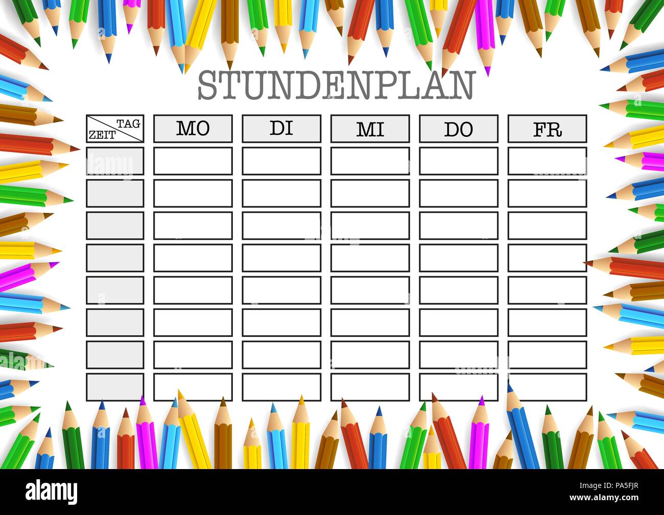 STUNDENPLAN, German for class schedule, surrounded by colored pencils template Stock Vector