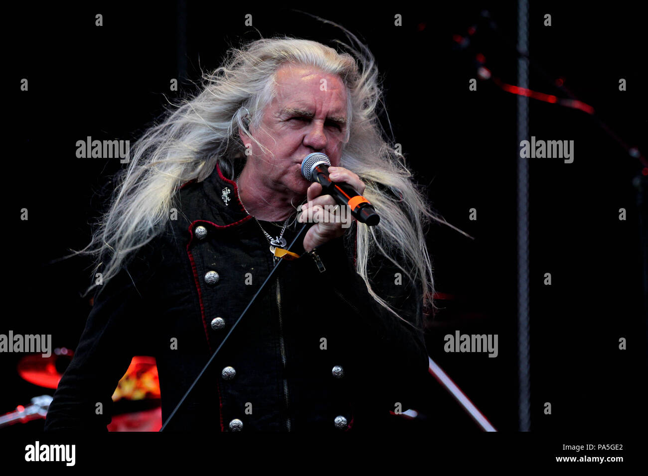Vocalist Biff Byford Of English Heavy Metal Group Saxon Performing Live On Stage At Rockwave Festival in Terravibe park 37th km north of Athens. Stock Photo