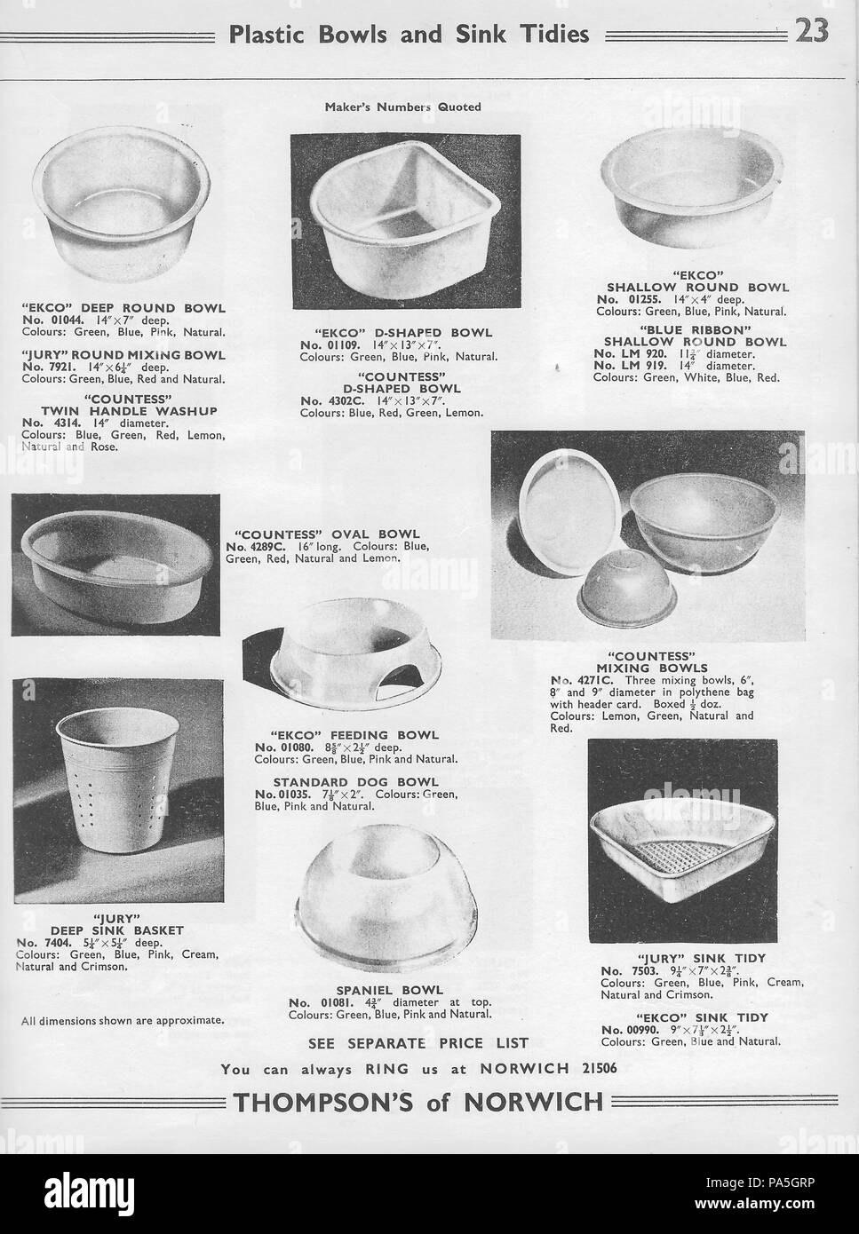 General wholesale catalogue hardware factors H. Thompson & Sons Ltd, Chalk Hill Works, Norwich, England, UK 1940s 1950s retro vintage household products items illustrated pictures drawings illustrations monochrome black and white Stock Photo