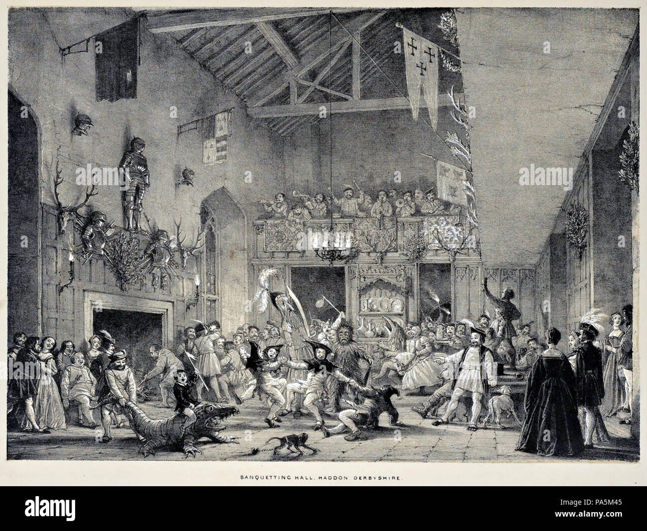51 Christmas-revels-haddon-hall-joseph-nash-mansions-1839 Stock Photo