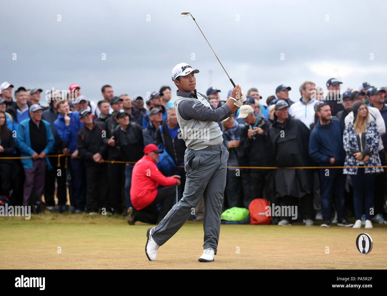 Japan's Hideki Matsuyama tees off the 16th during day two of The Open Championship 2018 at Carnoustie Golf Links, Angus. Stock Photo