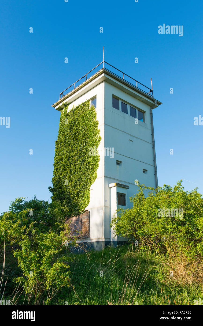 Border tower of the GDR at the river Elbe near Lenzen, Prignitz, Brandenburg, Germany Stock Photo