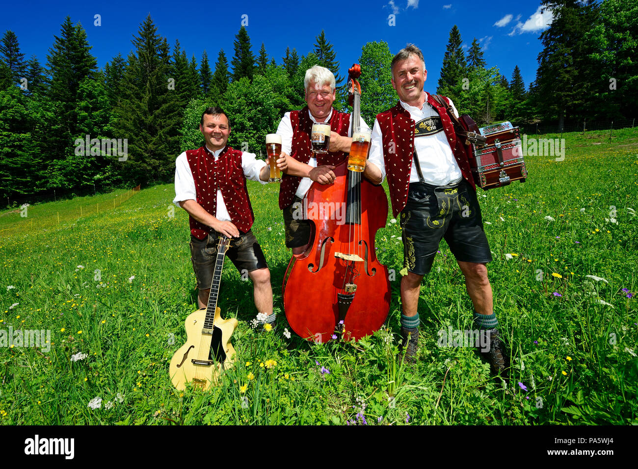 Three folk musicians with instruments and beer, Bergfexn trio in traditional costume on the Eggenalm, behind Wilder Kaiser Stock Photo