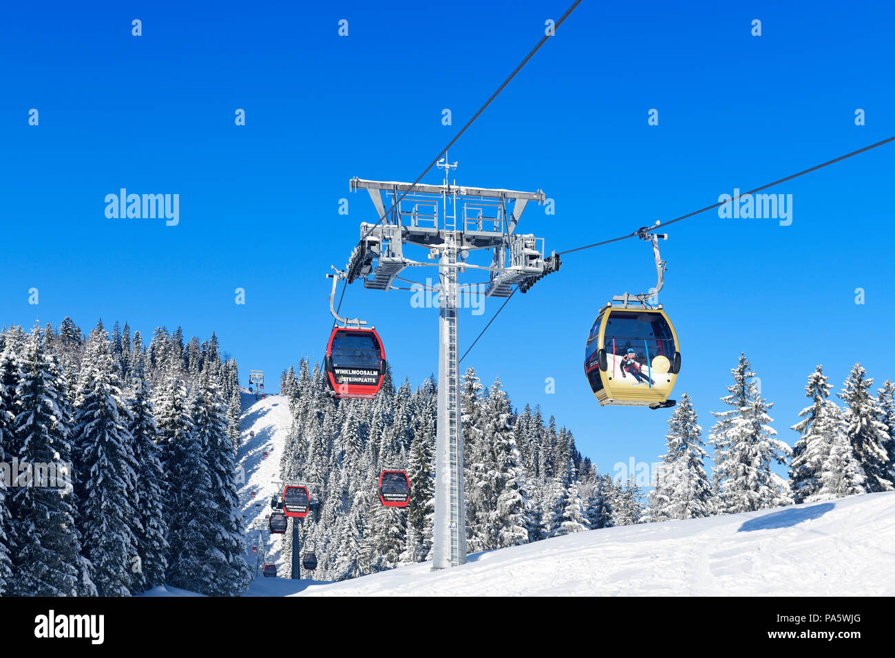 Gondola lift in the Winklmoos-Alm ski area with gold medal gondola by Rosi Mittermaier, Reit im Winkl, Chiemgau, Bavaria Stock Photo
