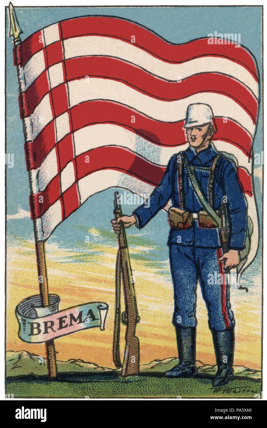 Bandera de Brema, república alemana, y soldado de infantería. Colección de cromos Banderas del Universo. Años 1920. Stock Photo