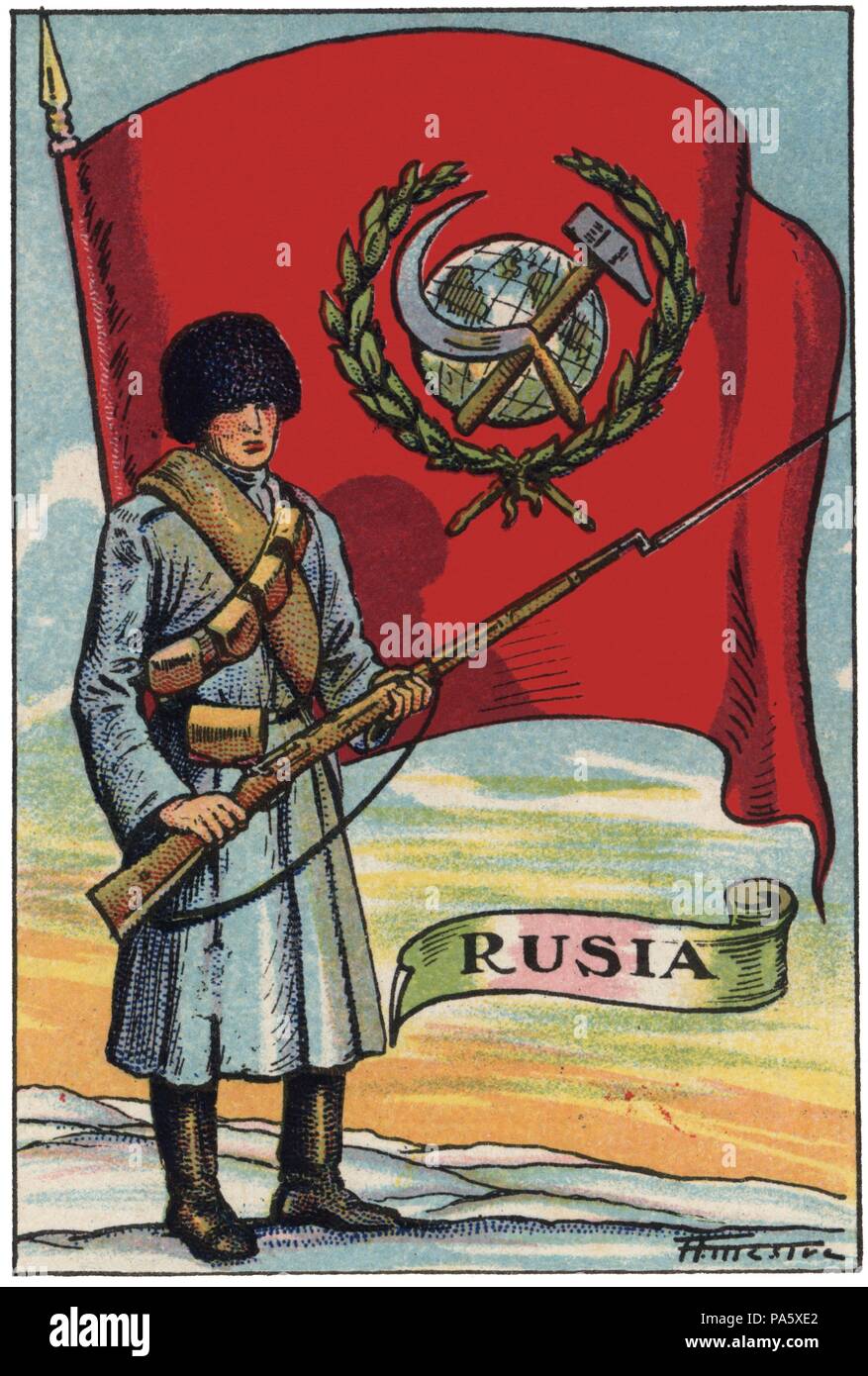 Bandera de Rusia y soldado de infantería. Colección de cromos Banderas del Universo. Años 1920. Stock Photo