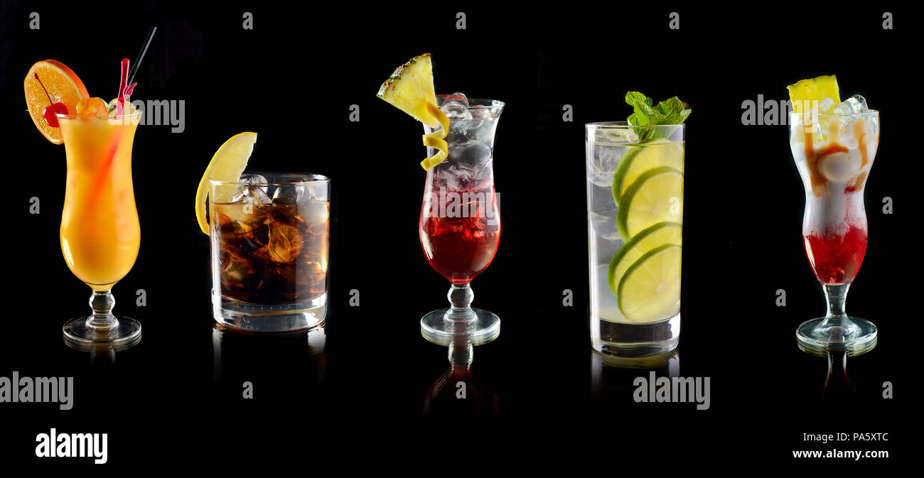 various cocktails at the bar on a black Stock Photo Alamy