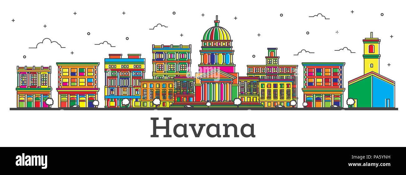 Outline Havana Cuba City Skyline with Color Buildings Isolated on White. Vector Illustration. Havana Cityscape with Landmarks. Stock Vector