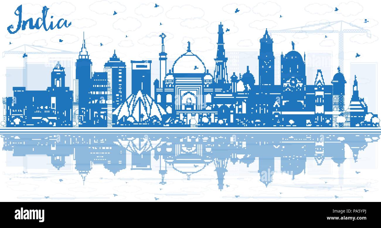 Outline India City Skyline with Blue Buildings. Delhi. Mumbai