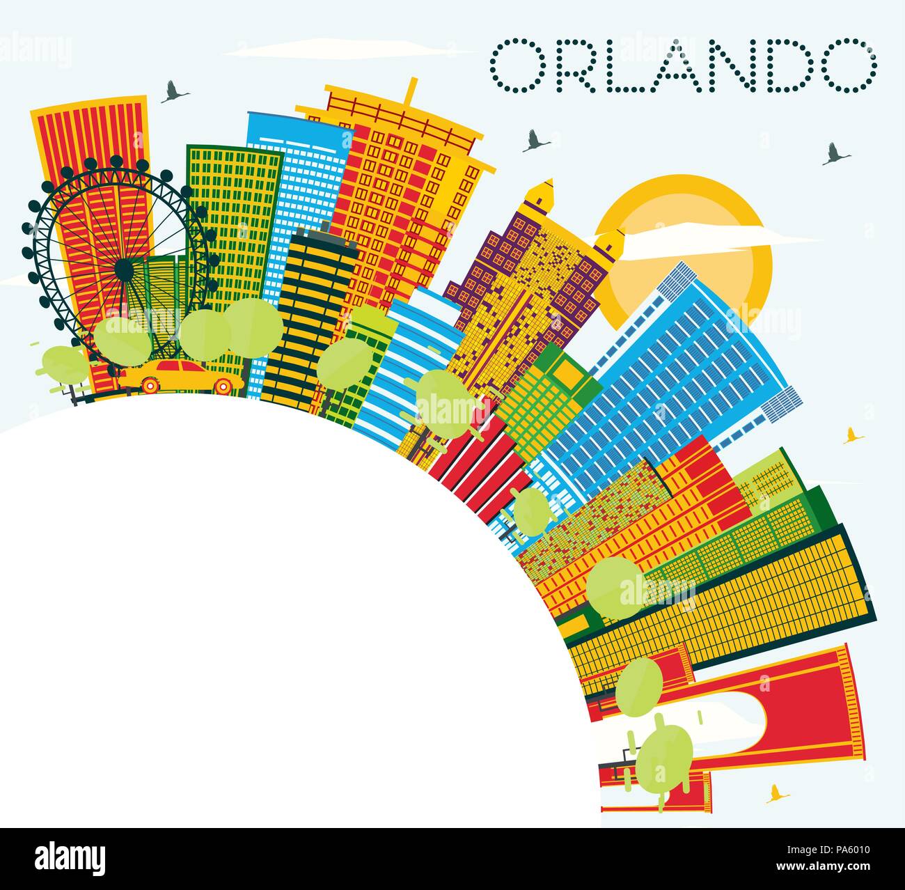 Orlando Florida City Skyline with Color Buildings, Blue Sky and Copy Space. Vector Illustration. Stock Vector