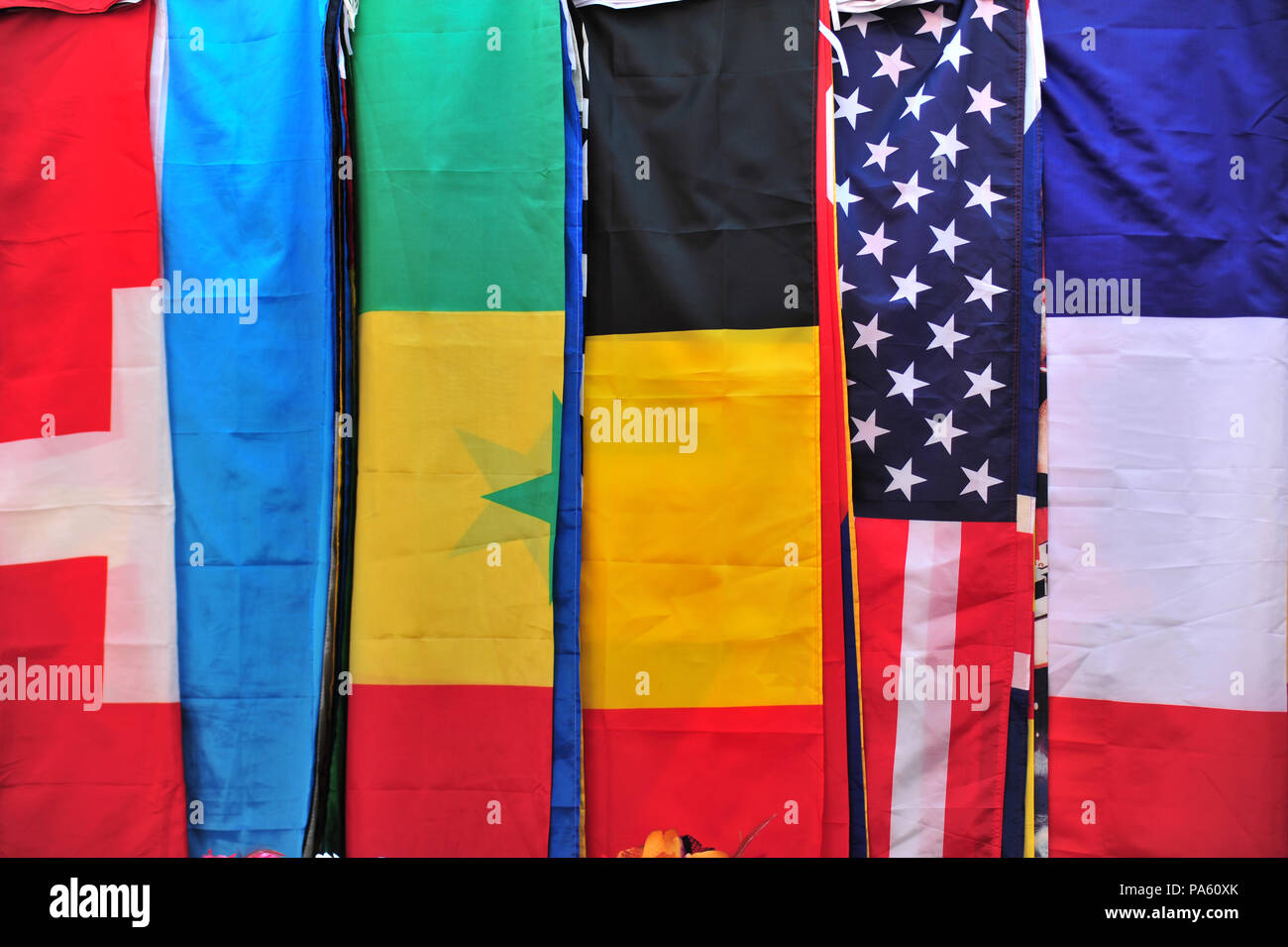Flags of the World on sale at a market held each week in Beziers, France Stock Photo
