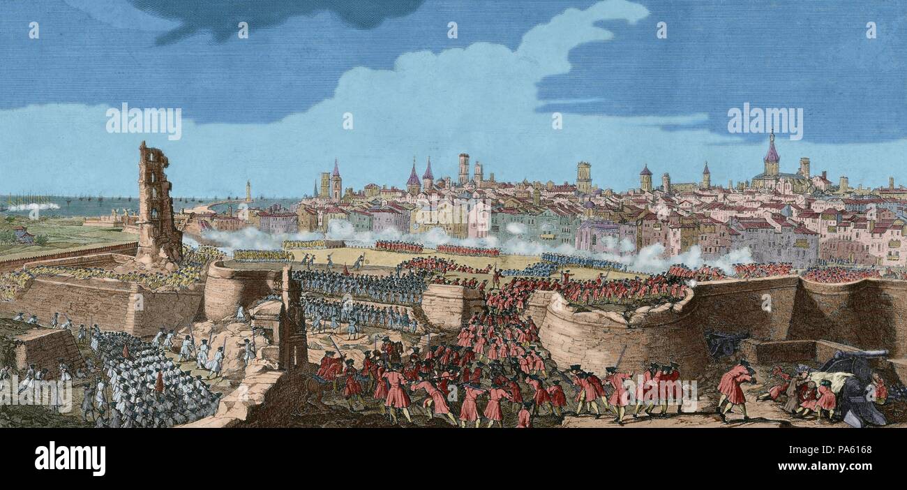 War of Spanish Succession (1702-1715). Entry of the troops of Philip V in Barcelona in 1714, opening gaps in the wall of the city with guns and mines, to render the place. Drawing by P. Rigaud and engraving by M. Engelbrecht, 1722. Colored. Stock Photo