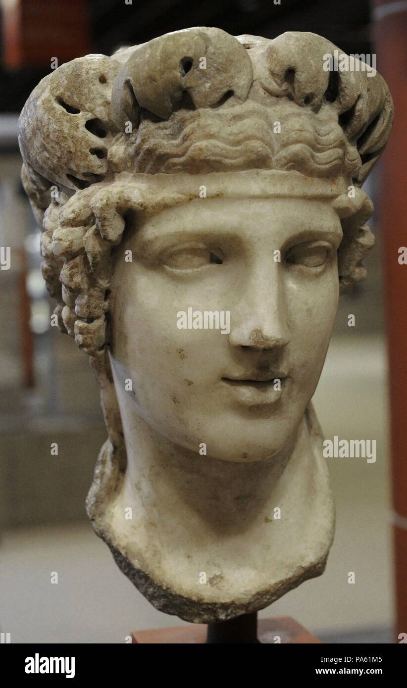 Bust of the God Bacchus, replica of a Greek portrait of Dionysus. 2nd century. Marble. Roman-Germanic Museum. Cologne. Germany. Stock Photo