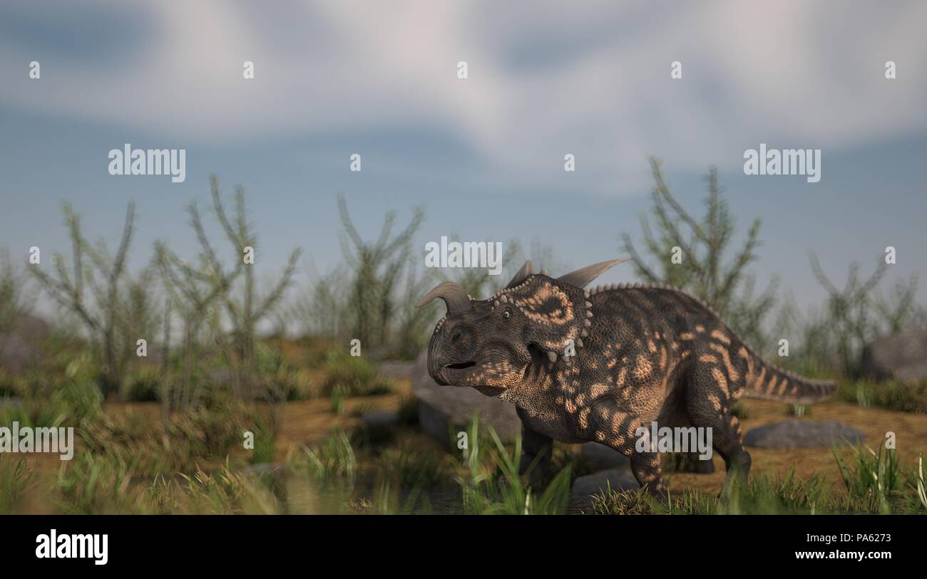 3d rendering of the einiosaurus grazing on grassy terrain Stock Photo