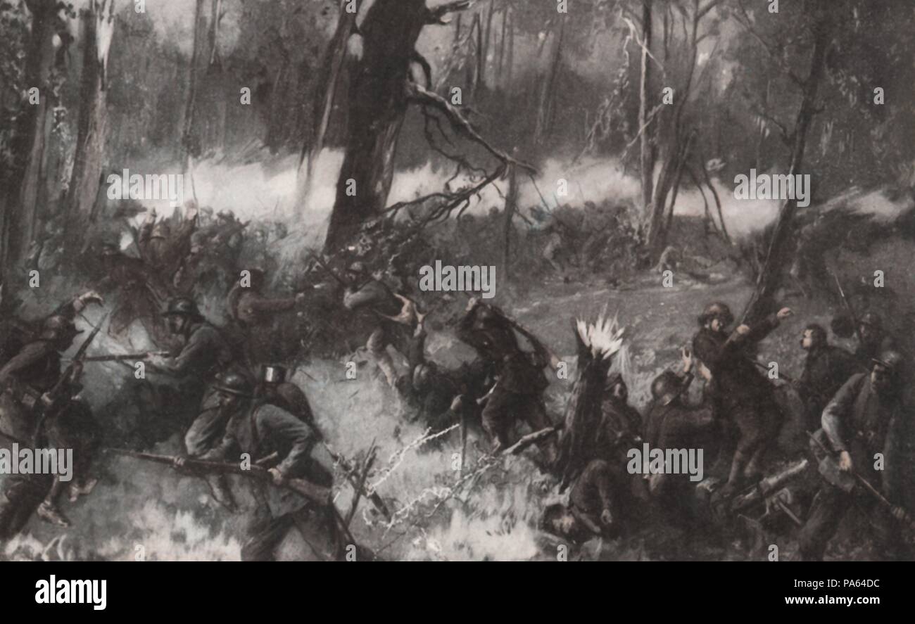 Primera guerra mundial (1914-1918). Francia. Combate en un bosque de Coucy, en las Ardenas. Grabado de 1916. Stock Photo