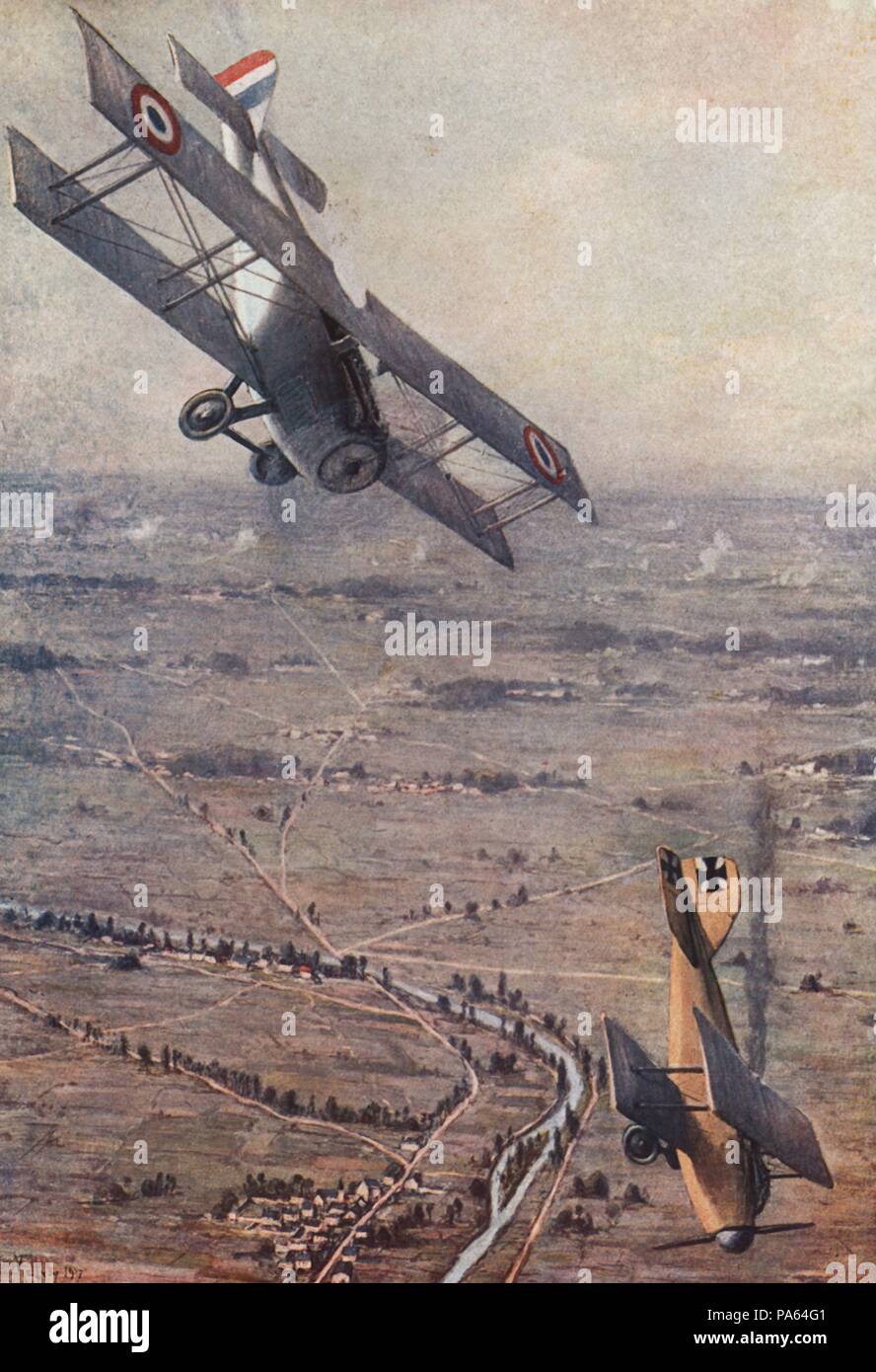Primera guerra mundial (1914-1918). Francia. Combate aéreo; Albatros alemán derribado por un Spad francés.Grabado de 1916. Stock Photo
