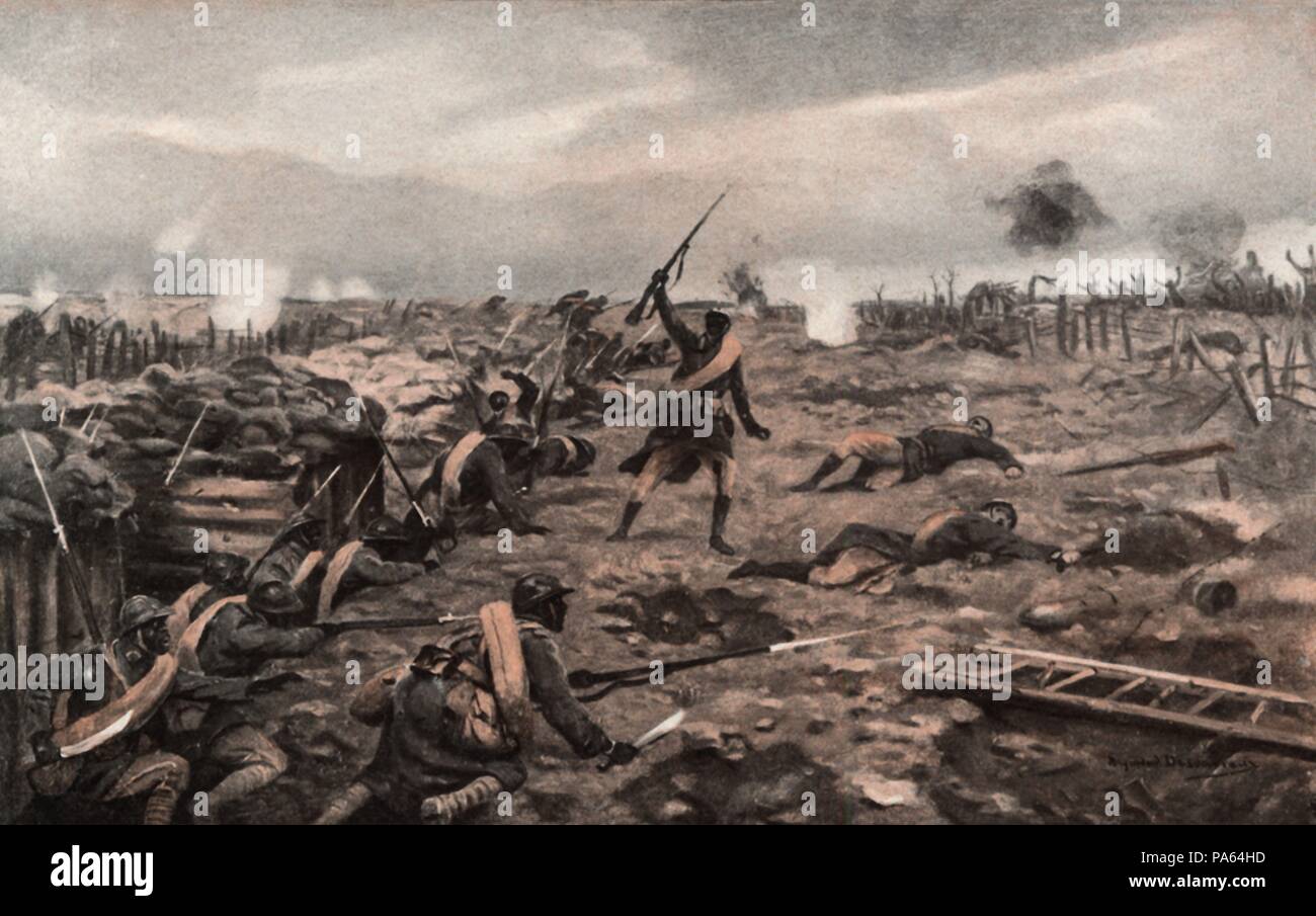 Primera guerra mundial (1914-1918). Francia. Tropas senegalesas participantes en la batalla del Somme. Grabado de 1916. Stock Photo