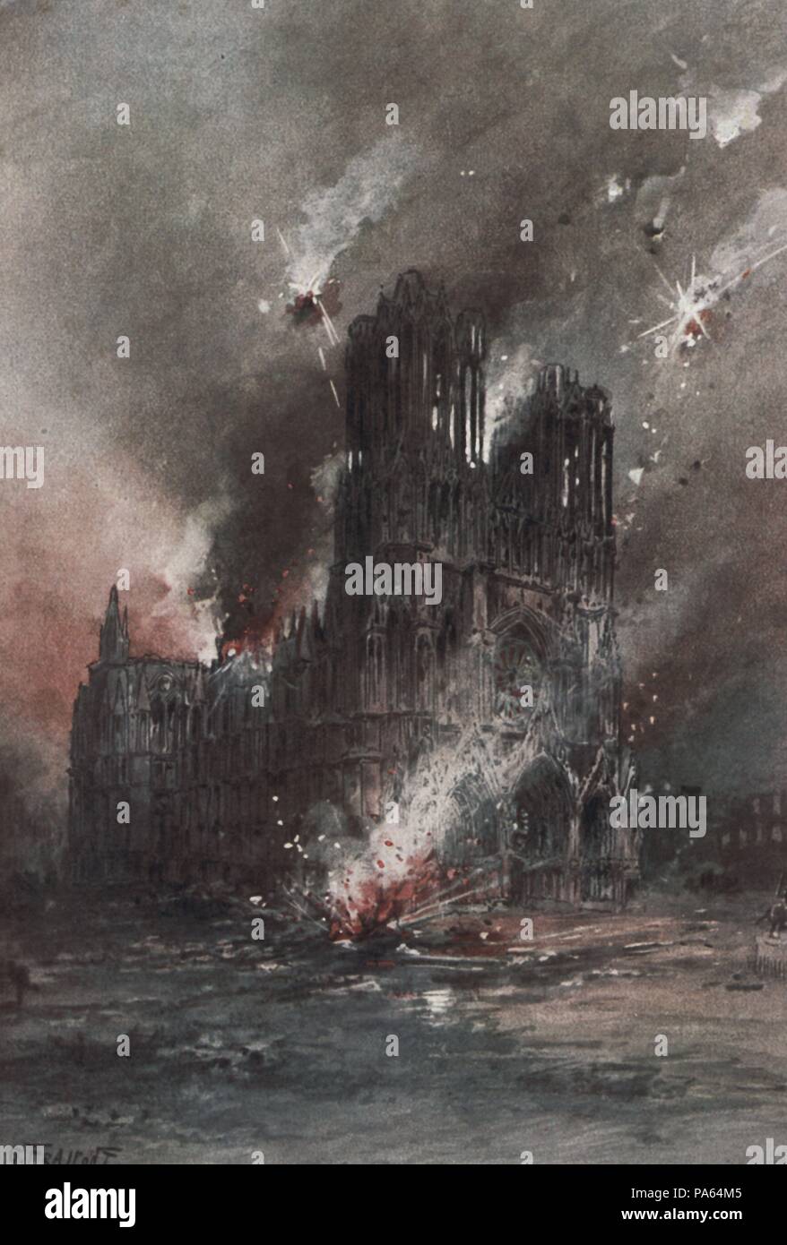 Primera guerra mundial (1914-1918). Francia. La Catedral de Reims incendiada tras un bombardeo de la aviación alemana. Grabado de 1916. Stock Photo