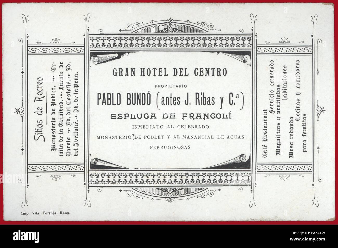 Publicidad. Gran Hotel del Centro. Pablo Bundó en la Espluga de Francolí. Año 1890. Stock Photo