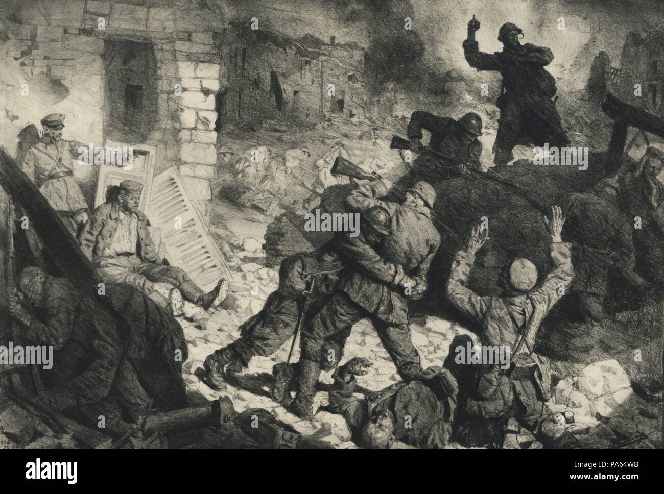 Primera guerra mundial (1914-1918). Toma de la villa de Fleury durante la batalla de Verdún. Grabado de 1916. Stock Photo