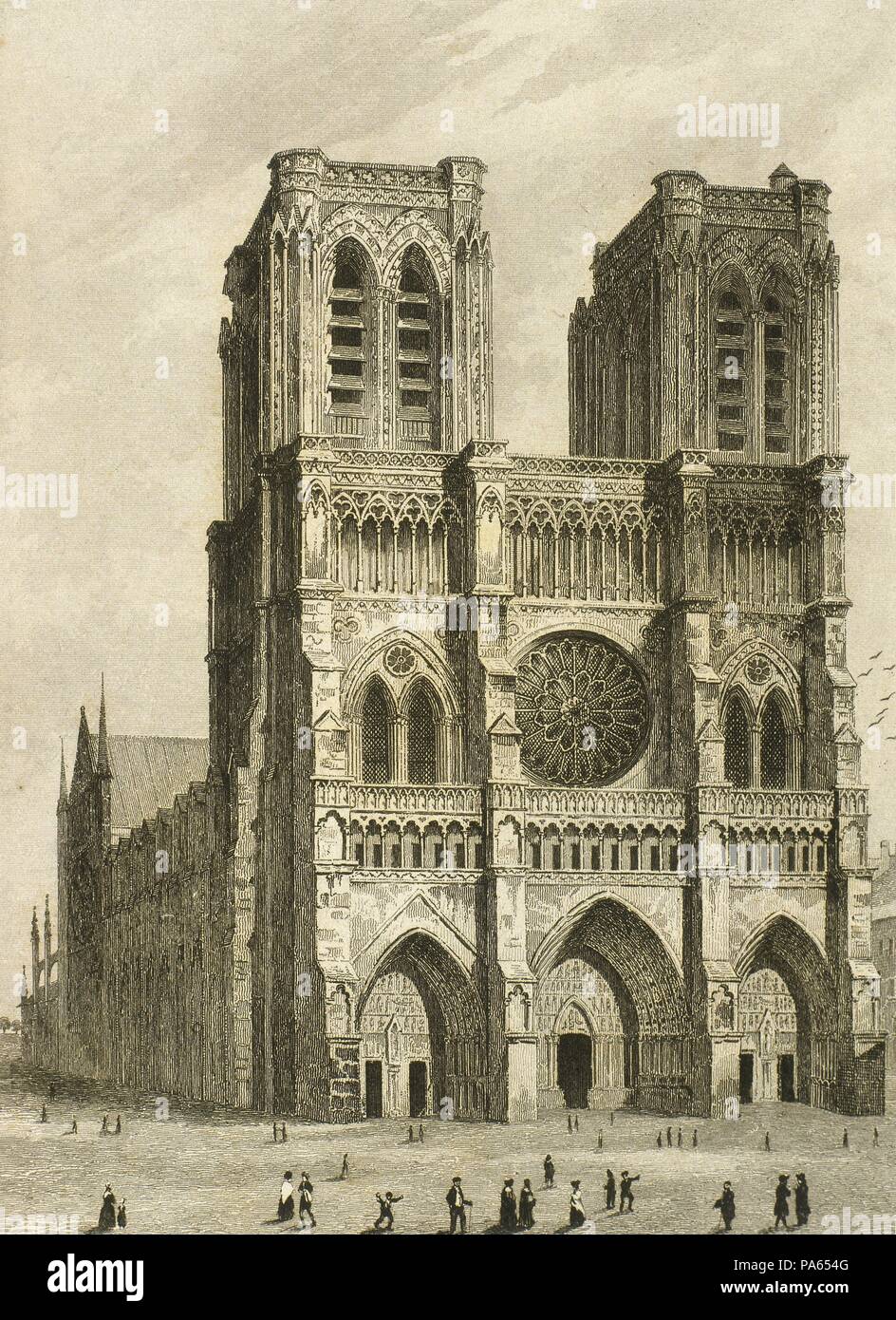 Catedral de Notre-Dame, París, Francia. Su construcción fue iniciada en  1163 siendo finalizada en 1345. Dibujo por Gaucherel. Grabado, 1841.  