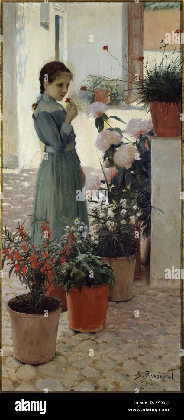 Santiago Rusiñol / 'Flors. La nena de la clavellina' (Flowers. The Girl of the Carnation), 1893, Oil on canvas, 73 x 56 cm. Museum: Cau Ferrat, Sitges. Stock Photo