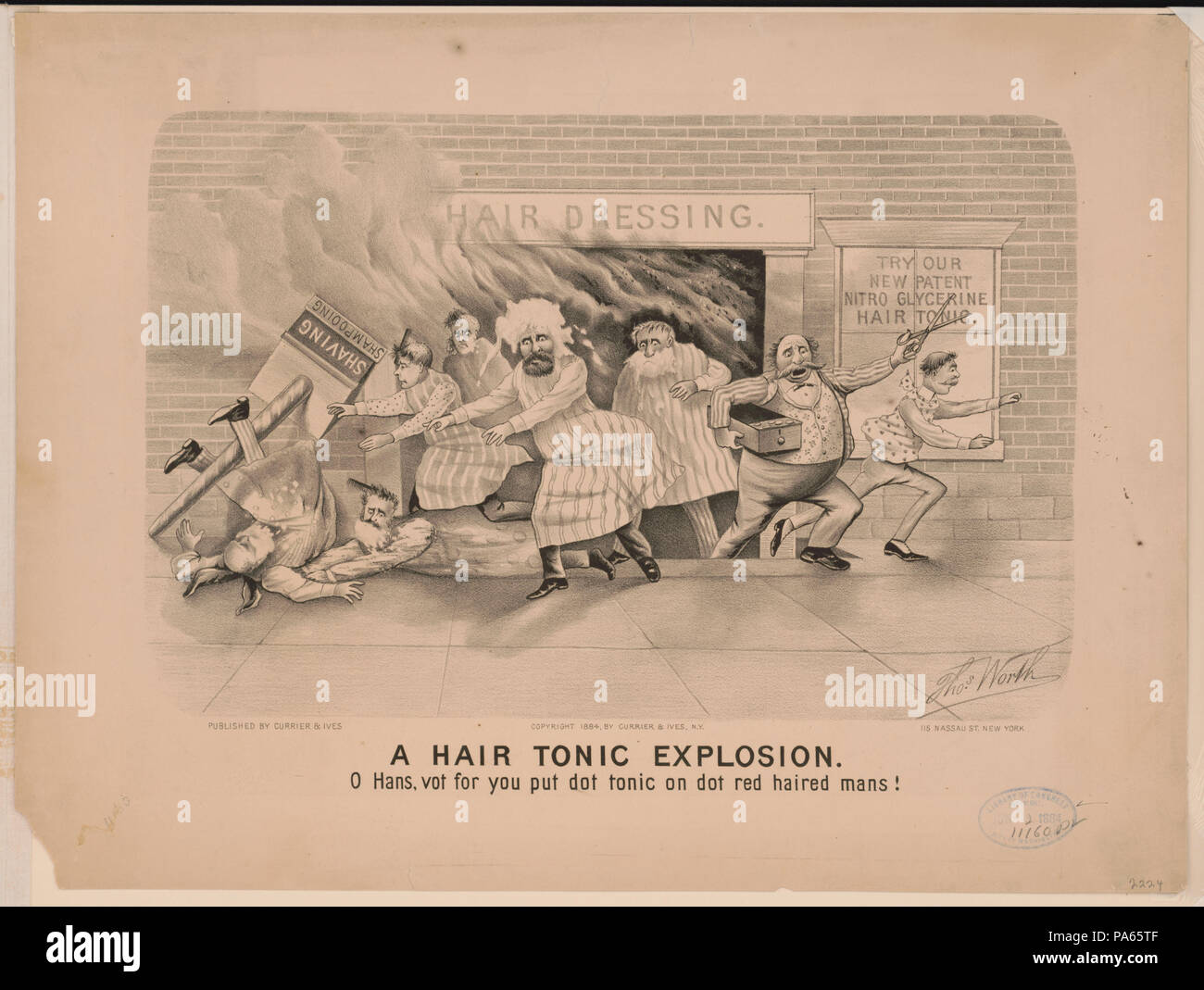 81 A hair tonic explosion- o Hans, vot for you put dot tonic on dot red haired mans! LCCN2002695822 Stock Photo