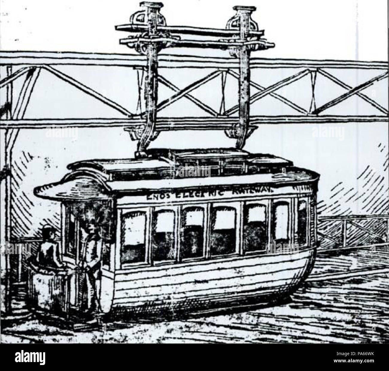 . English: Drawing of a car of the Enos Electric Railway system proposed for Winthrop, Massachusetts in 1885. By 1886, the system was ready to construct, with finances and property acquisition completed. However, the Boston, Revere Beach & Lynn Railroad bought the struggling Boston, Winthrop & Shore, and the Enos Electric plans were quickly buried. circa 1886 622 Enos Electric Railway Stock Photo