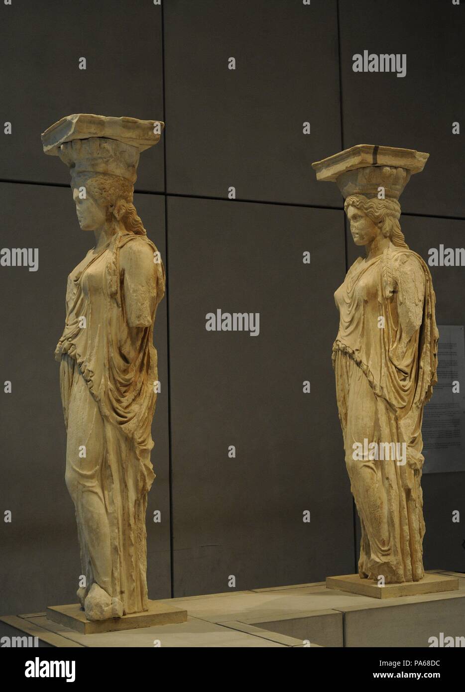 Greek art. The Caryatid Porch of the Erechtheion. Draped female figures as supporting columns. Acropolis of Athens, 421-407 BC. Greece. Acropolis Museum. Athens. Greece. Stock Photo
