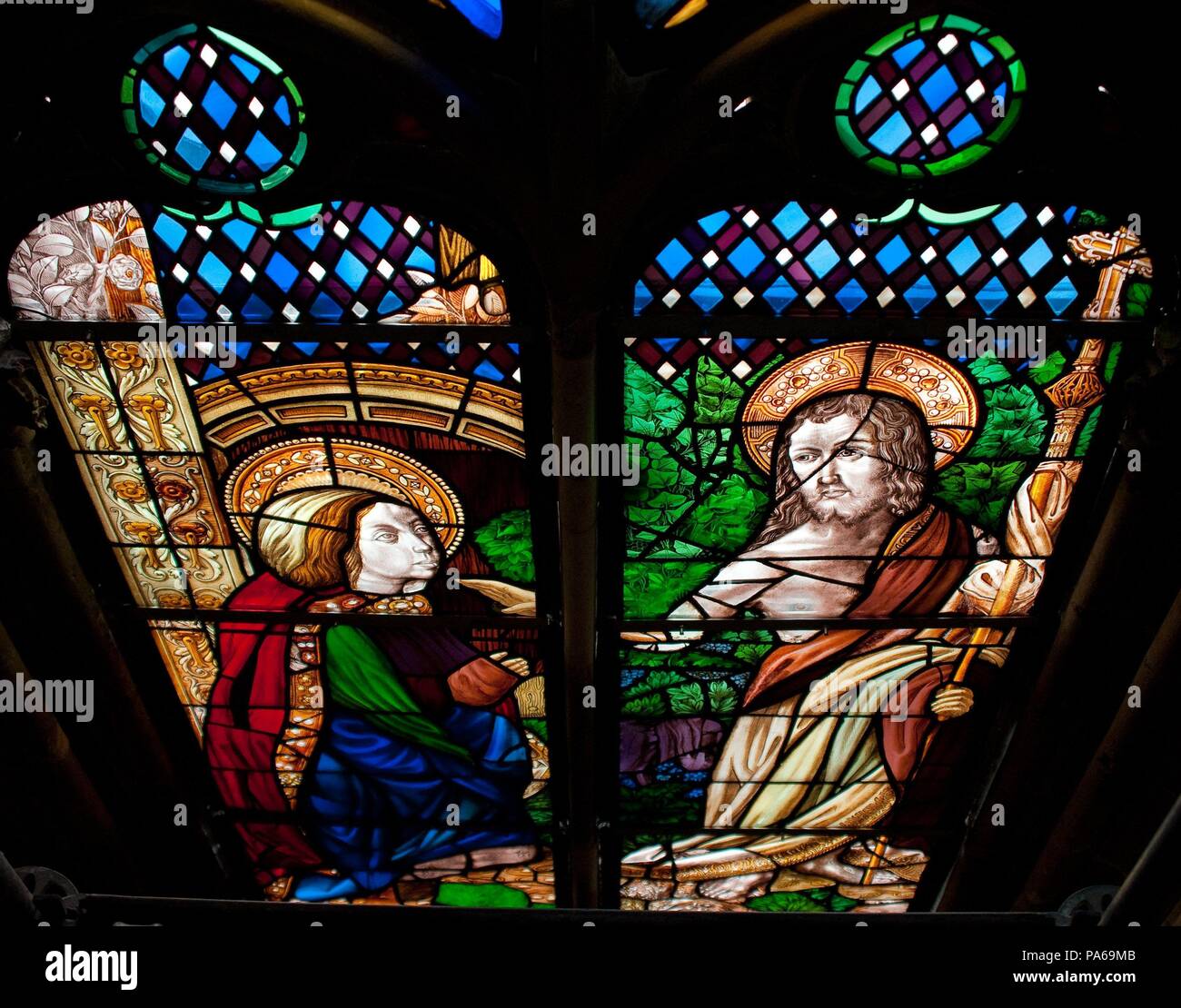 Bartolomé Bermejo; Gil de Fontanet / Gothic stained glass window of the Cathedral of Barcelona with the image of the appearance of Jesus to Mary Magdalene, XV Century, Barcelona, Catalonia, Spain. Stock Photo