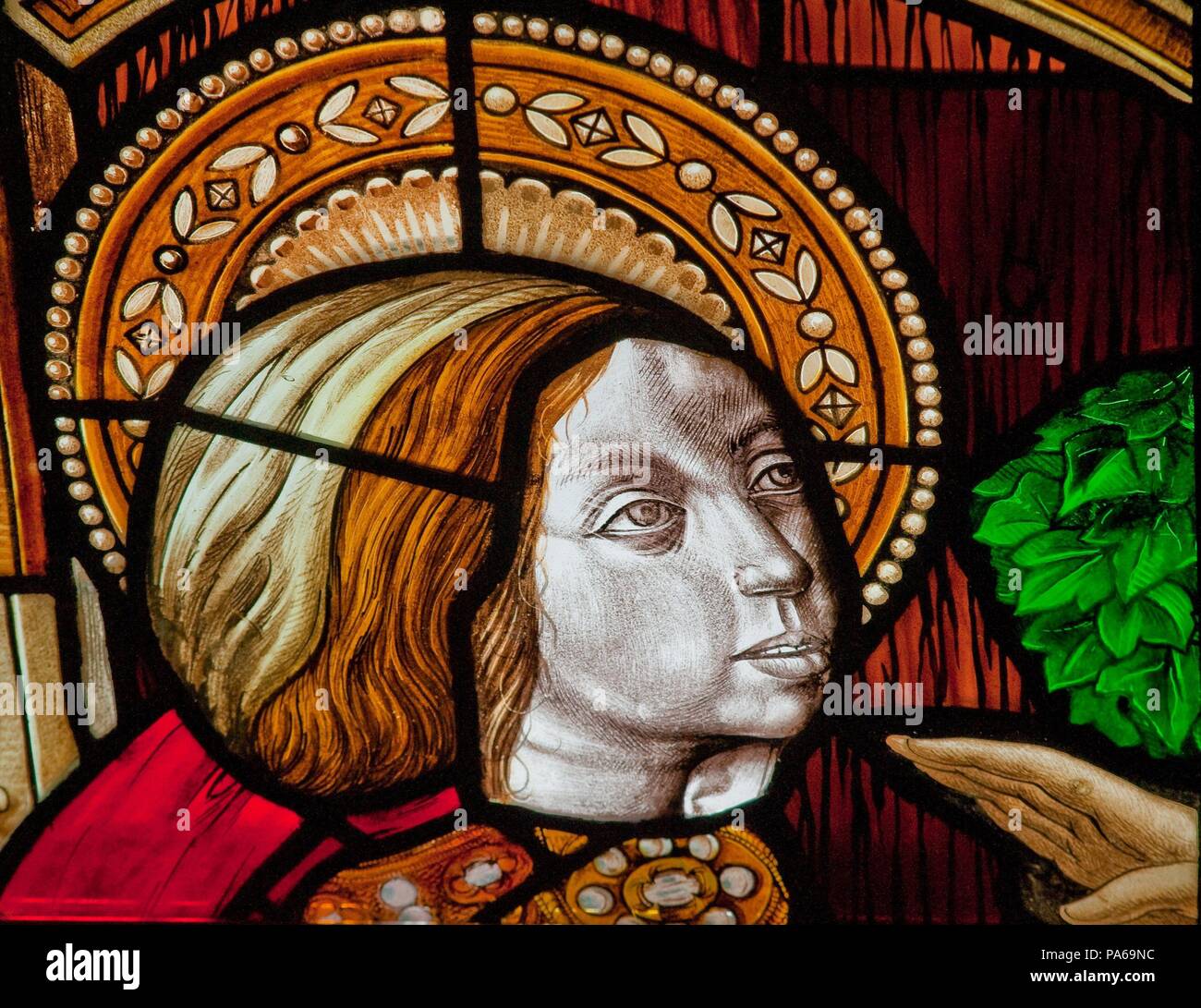 Bartolomé Bermejo; Gil de Fontanet / Gothic stained glass window of the Cathedral of Barcelona (detail of the image of María Magdalena), XV Century, Barcelona, Barcelona, Catalonia, Spain. Stock Photo