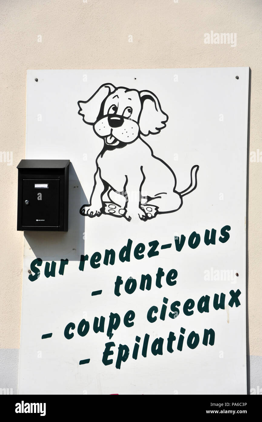 Cartoon of a puppy dog on a French sign for making an appointment to groom your dog at a Dog salon in Beziers, France Stock Photo