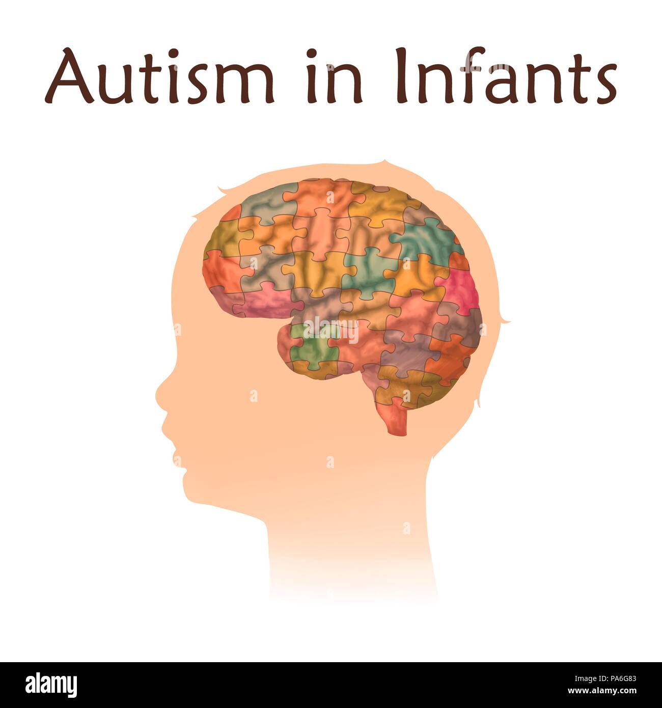 Childhood autism, illustration. Child's brain with puzzle colouring. Stock Photo