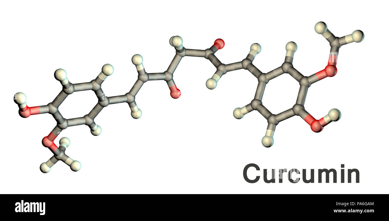 Curcumin, molecular model. Principal curcuminoid of the Indian spice turmeric. It is used as a food additive. Atoms are represented as spheres and are colour-coded: carbon (grey), hydrogen (white) and oxygen (red). Stock Photo