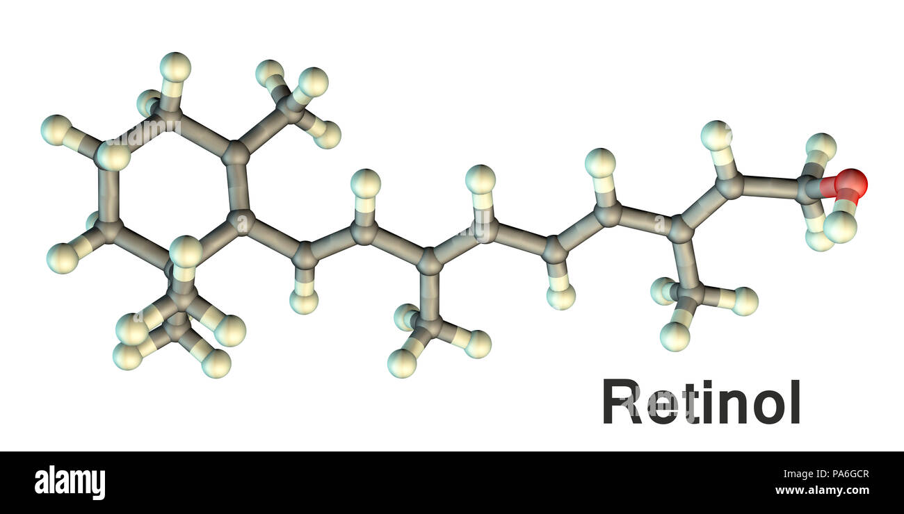 Vitamin A, molecular model. This is retinol, a form of vitamin A, a vitamin that is needed by the retina of the eye. Atoms are represented as spheres and are colour-coded: carbon (grey), hydrogen (white) and oxygen (red). Stock Photo