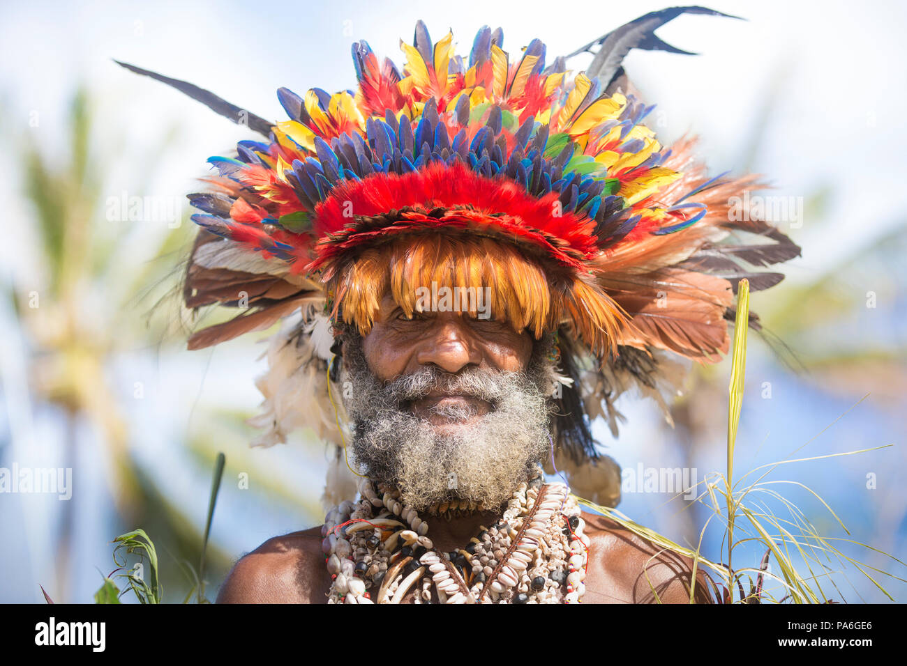 Local wearing traditional headdress, Tufi, Papua New Guinea Stock Photo