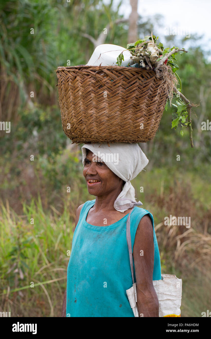 Woman carries supplies, Sepik River, Papua New Guinea Stock Photo
