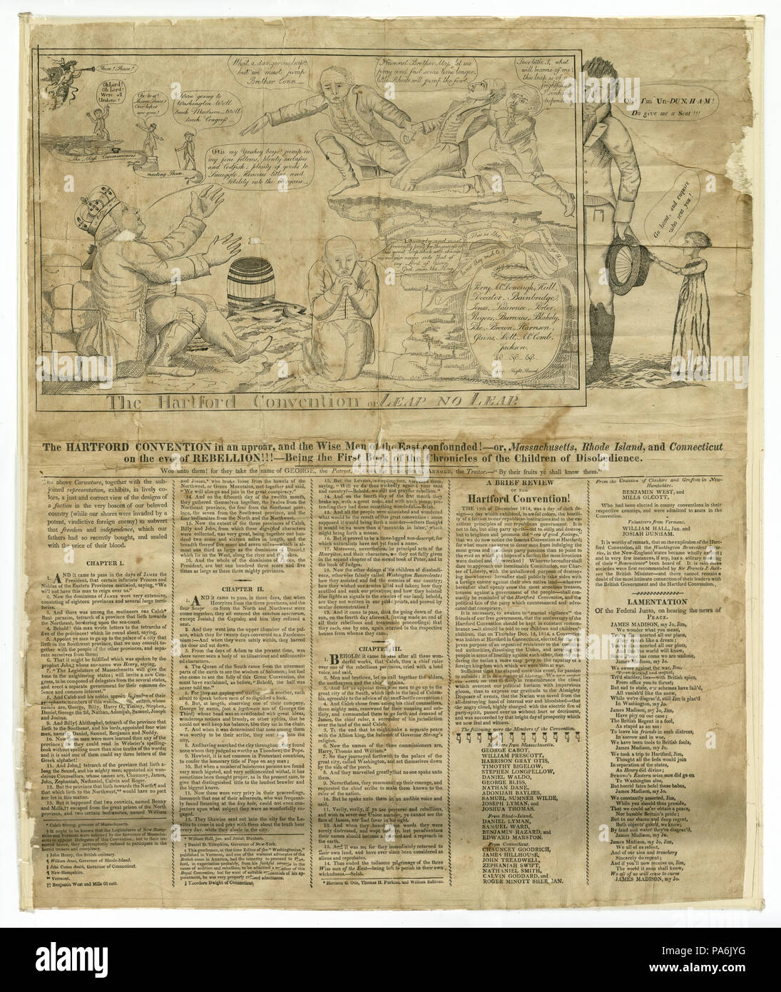 249 Broadside, printed and illustrated, satire on the Hartford Convention, or &quot;Leap No Leap,&quot; being the first book of the Chronicles of the Children of Disobedience, 1815 Stock Photo
