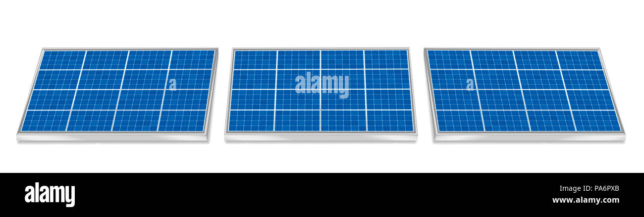 Solar plates collector set. Three 3d photovoltaic panels, side by side, horizontal positioning. Stock Photo