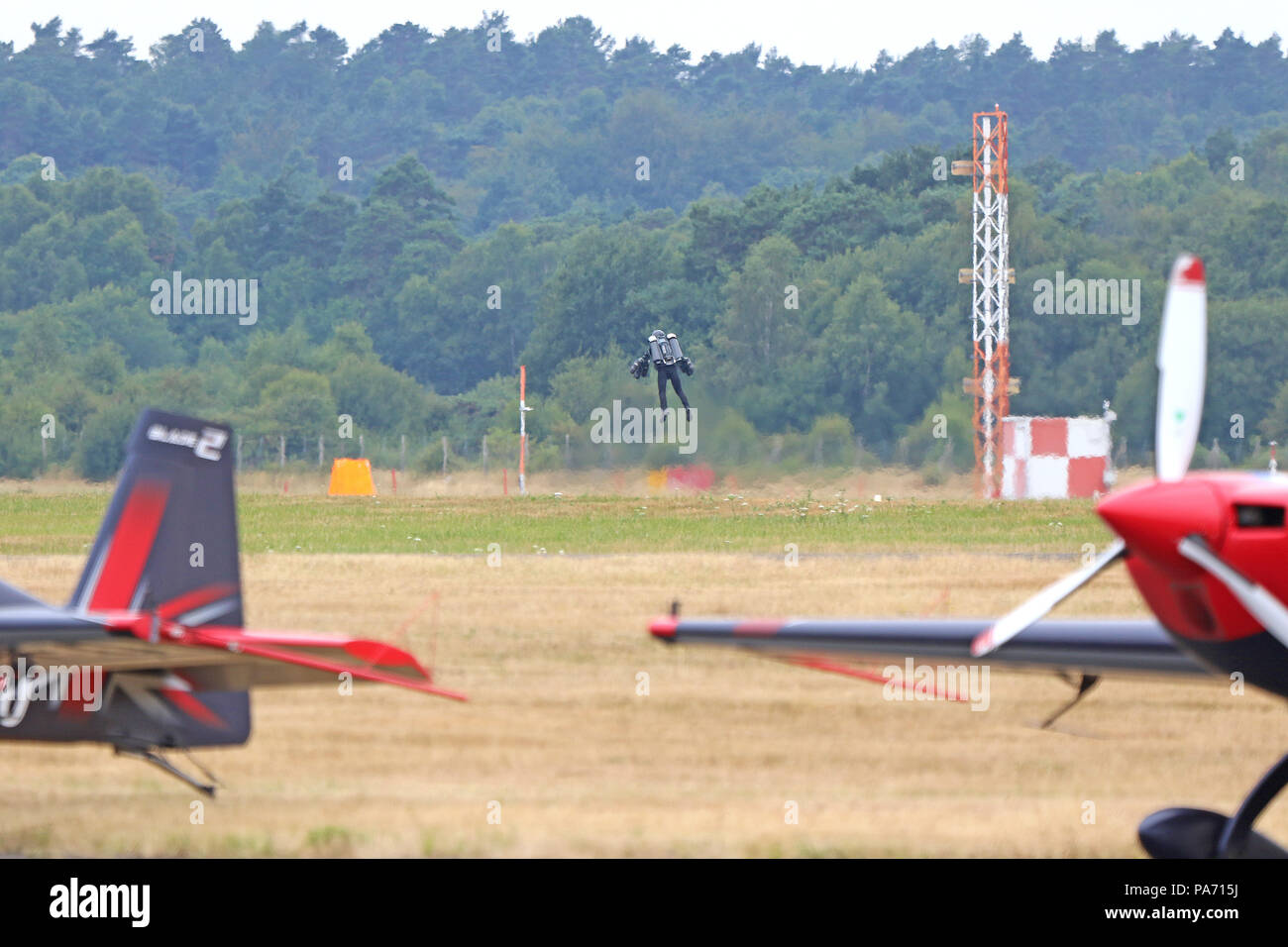 Farnborough Airport, Hampshire, UK. 20th July 2018. Richard Browning �Iron Man� Jet Pack, Farnborough International Airshow, Farnborough Airport, Hampshire, UK, 20 July 2018, Photo by Richard Goldschmidt Credit: Rich Gold/Alamy Live News Stock Photo